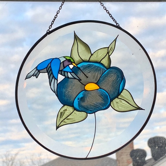 Blue Flower Hummingbird Stained Glass Sun Catcher - Picture 7 of 9